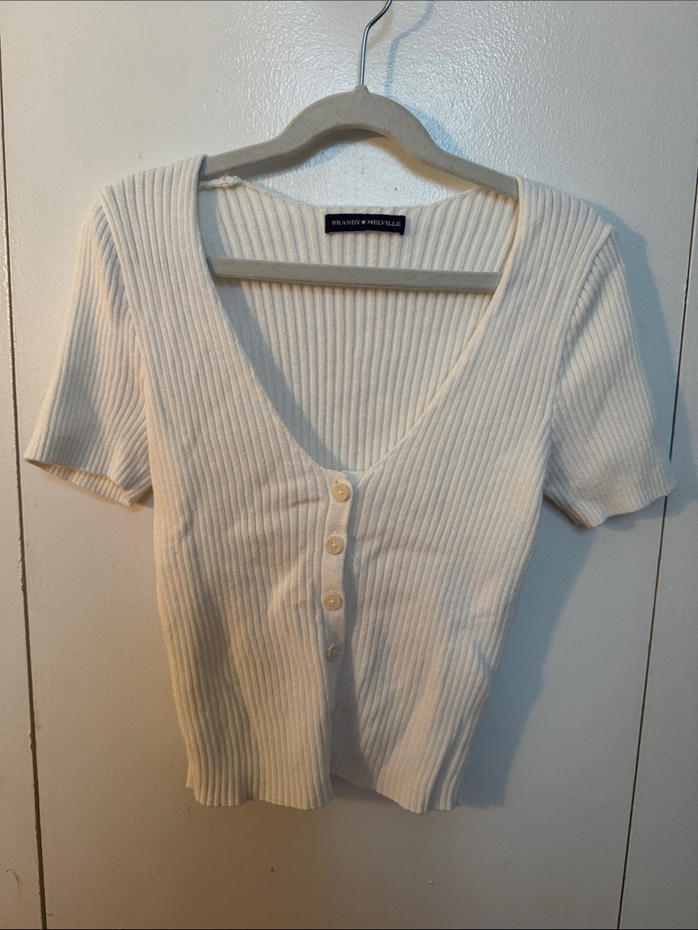 Brandy Melville White Ribbed Button-Front Short Sleeve Top